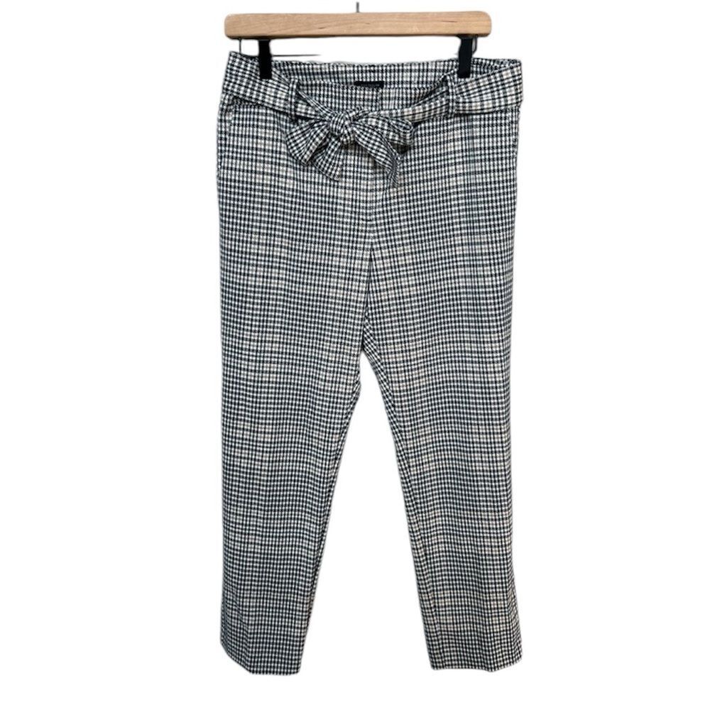 Ann Taylor Factory Houndstooth Plaid Checkered Pants Tie Belt Black White Tan 8